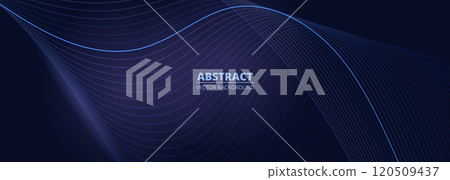 Dark blue vector wide abstract banner with glowing blue wavy lines. Elegant digital technology wide abstract background with blue dynamic waves. 120509437