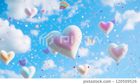Background material of a fantastic landscape of hearts and rainbows dancing in the blue sky 120509526
