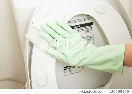 The hands of a middle-aged woman wiping the toilet The hands of a middle-aged woman wiping the toilet 120509539