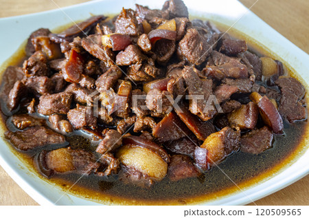Top view of pork cooked in soy sauce with customizable space for text. Asian food concept 120509565