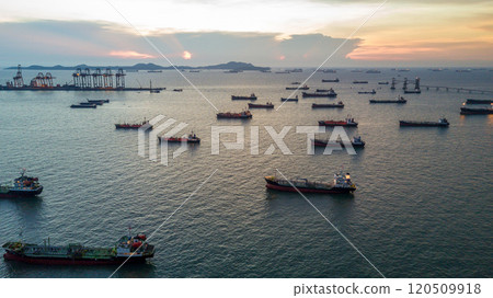 Aerial view oil and gas tanker ship transportation logistic oil and gas refinery, Oil and gas tanker ship global business cargo freight logistic transportation refinery by tanker ship. 120509918