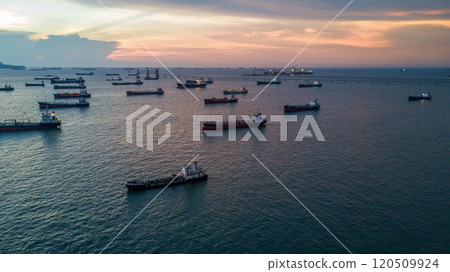 Aerial view industrial oil and gas tanker ship transportation logistic oil and gas refinery, Industrial oil and gas tanker ship global business logistic transportation refinery. 120509924