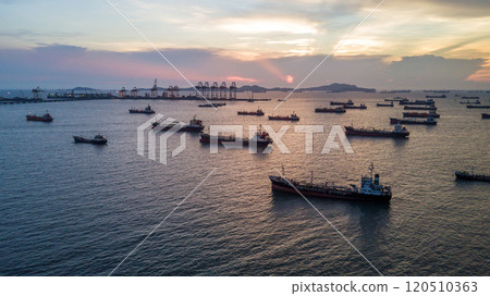 Aerial view industrial oil and gas tanker ship transportation logistic oil and gas refinery, Industrial oil and gas tanker ship global business logistic transportation refinery. 120510363