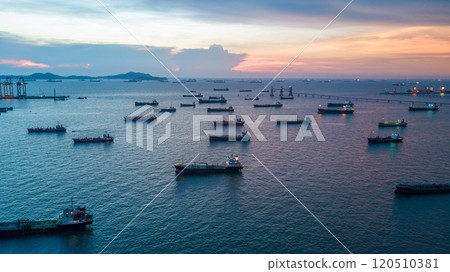 Aerial view oil and gas tanker ship industrial transportation logistic oil and gas refinery, Oil and gas tanker ship industrial global business freight logistic transportation refinery by tanker ship. 120510381
