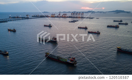 Aerial view oil and gas tanker ship industrial transportation logistic oil and gas refinery, Oil and gas tanker ship industrial global business freight logistic transportation refinery by tanker ship. 120510387