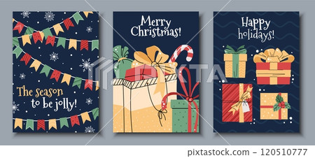 Set of Christmas greeting cards with colorful flags, gift boxes on a blue background in a flat cartoon style. Vector illustration for poster, banner, invitation, etc. 120510777