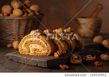 Cake with brown sugar, walnuts, and cream. Cake with brown sugar, walnuts, and cream. 120510951