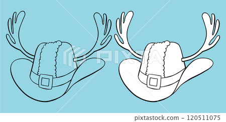 Christmas cowboy hat with reindeer antlers, Santa coat fur trim and belt hand drawn black outline coloring book illustration 120511075