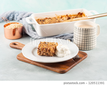 Baked oatmeal peanut butter porridge with chocolate chips Baked oatmeal peanut butter porridge with chocolate chips 120511391