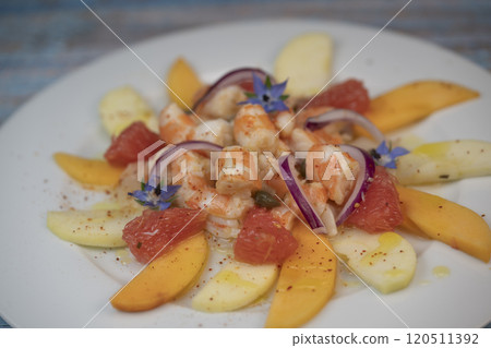 RECIPE CEVICHE OF SHRIMPS AND SCALLOPS WITH CITRUS FRUIT, LEMON, LIME, SQUEEZED ORANGE, GRAPEFRUIT 120511392