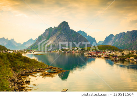 Fjord and mountains landscape. Lofoten islands Norway Fjord and mountains landscape. Lofoten islands Norway 120511504