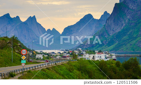 Fjord and mountains landscape. Lofoten islands Norway Fjord and mountains landscape. Lofoten islands Norway 120511506