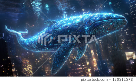 A fantastic glowing whale floating in the night sky 120511578