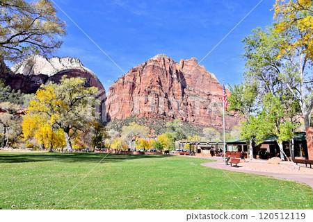 The lawn area in front of Zion Lodge 120512119