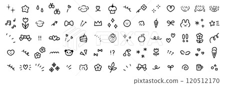 A vector illustration set of hand-drawn decorative illustrations. Hand-drawn, focused lines, attention, stars, hearts, fruits, ribbons 120512170