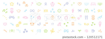 A vector illustration set of hand-drawn decorative illustrations. Hand-drawn, focused lines, attention, stars, hearts, fruits, ribbons 120512171