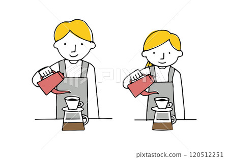 Male and female cafe staff brewing coffee at a cafe 120512251