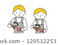 Male and female waiters pouring coffee into cups at a cafe 120512253