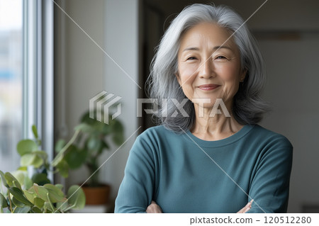 AI-generated image: Portrait of a smiling middle-aged woman with gray hair AI-generated image: Portrait of a smiling middle-aged woman with gray hair 120512280