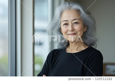AI-generated image: Portrait of a smiling middle-aged woman with gray hair AI-generated image: Portrait of a smiling middle-aged woman with gray hair 120512282