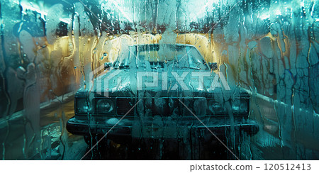 blurred view of the vehicle, car being washed inside car wash. 120512413