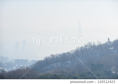 Smog pollution covering cityscape of Seoul capital of South Korea Smog pollution covering cityscape of Seoul capital of South Korea 120512423