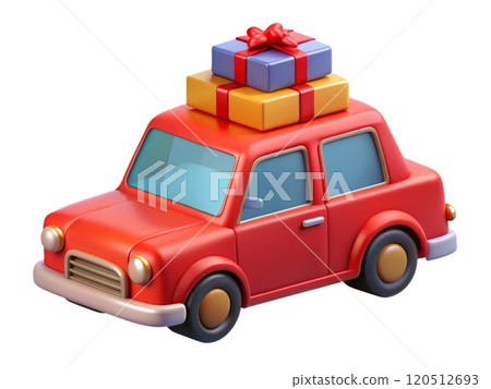 A vintage red car full of gifts on the roof 120512693