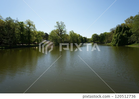 Pond in baths park in European Warsaw city in Poland 120512736