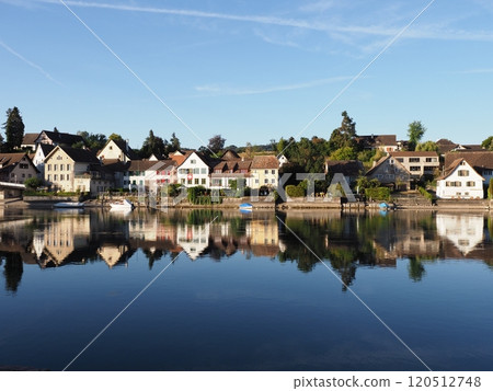 Houses at Rhine River in European STEIN AM RHEIN town in SWITZERLAND Houses at Rhine River in European STEIN AM RHEIN town in SWITZERLAND 120512748