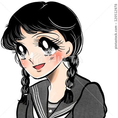 一個可愛的昭和漫畫風格的高中女孩的肖像插圖，辮子抬頭。 120512978