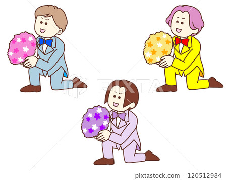 男子單膝跪地，手捧一束花 120512984