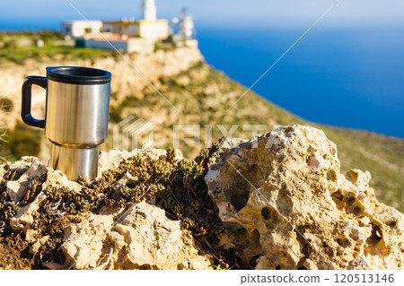 Thermal mug, thermos on nature. Travel outdoor picnic. Thermal mug, thermos on nature. Travel outdoor picnic. 120513146