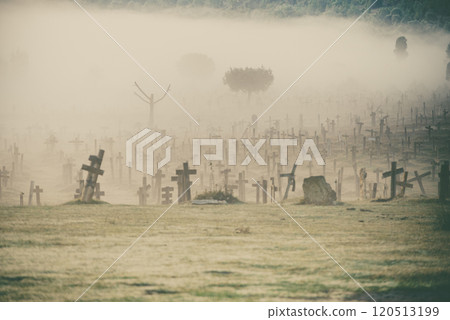 Haze in morning over Sad Hill Cemetery in Burgos, Spain Haze in morning over Sad Hill Cemetery in Burgos, Spain 120513199