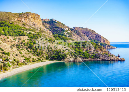 Spanish sea coast with tower, Andalusia 120513413