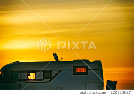 Caravan on nature in the morning at sunrise Caravan on nature in the morning at sunrise 120513627