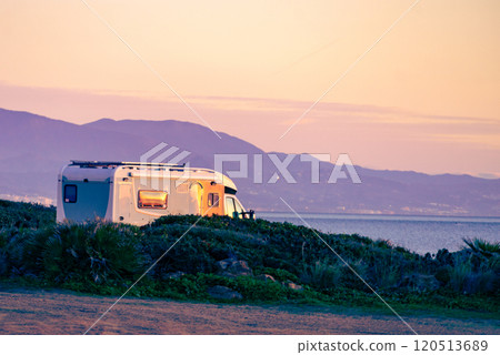 Caravan on beach by Punta Mala, Alcaidesa Spain Caravan on beach by Punta Mala, Alcaidesa Spain 120513689