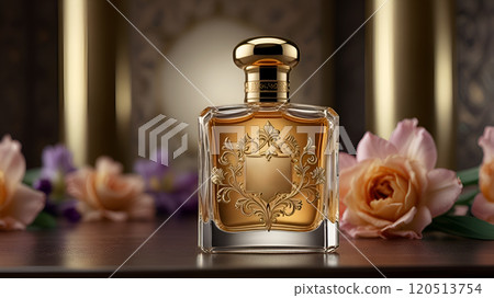 stunning scene with  perfume bottle against opulent background with flowers.  Digital artwork. Ai generated. 120513754