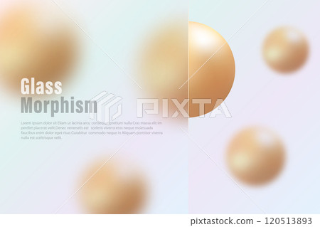 Landing page in glass morphism style, transparent frosted glass partition with golden spheres on light background. 120513893