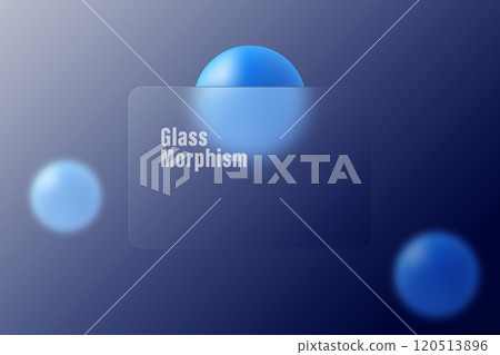 Glass morphism website landing page template. Rectangular frosted glass partition with floating blue spheres on dark background. Glass morphism website landing page template. Rectangular frosted glass partition with floating blue spheres on dark background. 120513896
