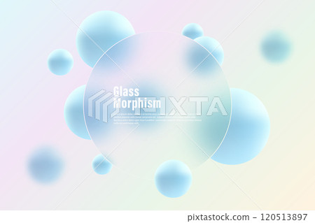 Glass morphism website landing page template. Round frosted glass partition with floating blue spheres. Glass morphism website landing page template. Round frosted glass partition with floating blue spheres. 120513897