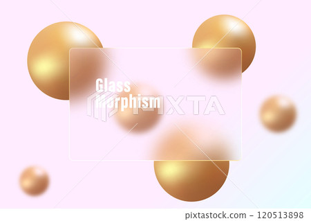 Landing page in glass morphism style, transparent frosted glass partition with golden spheres on light background. Landing page in glass morphism style, transparent frosted glass partition with golden spheres on light background. 120513898