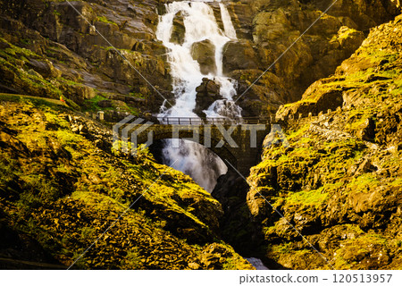 Trollstigen road, waterfall and bridge, Norway 120513957