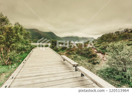 Walkway and fjord landscape, Lofoten Norway 120513964