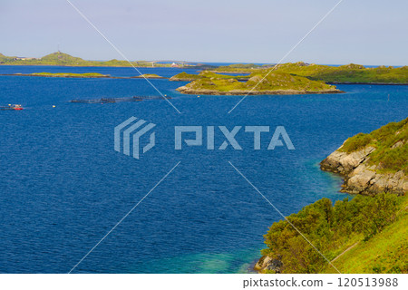 Salmon farming, fish farm in the sea 120513988