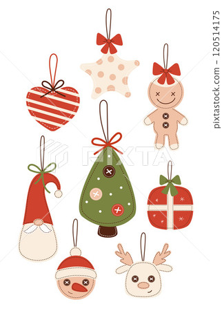 Vintage handmade Christmas sewn toys collection. New Year Retro hand decorating. Isolated Xmas tree, star, gift, gnome, gingerbread man and reindeer. Vector illustration. Modern eco-friendly hobby. 120514175