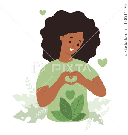Smiling afro american Woman with curly hair Making Heart Gesture. Girl in green Eco friendly shirt with leaves. Sustainable fashion and Nature, environmental care. Vector illustration Smiling afro american Woman with curly hair Making Heart Gesture. Girl in green Eco friendly shirt with leaves. Sustainable fashion and Nature, environmental care. Vector illustration 120514176