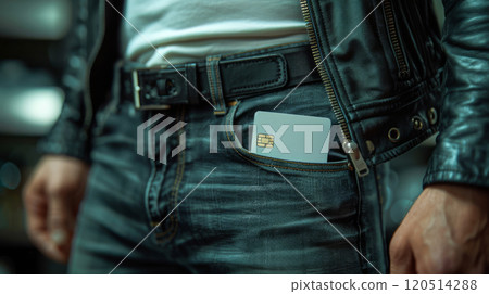 Blank bank card mockup with gold chip in pocket of black leather jacket and dark denim jeans. Premium design for modern payment solutions. 120514288