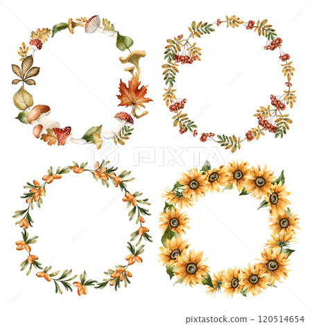 Autumn wreaths with leaves, mushrooms, flowers, insect and animal. Watercolor hand drawn floral isolated illustration set for fall design, cozy cards, print, floral labels, kitchen textile, home decor Autumn wreaths with leaves, mushrooms, flowers, insect and animal. Watercolor hand drawn floral isolated illustration set for fall design, cozy cards, print, floral labels, kitchen textile, home decor 120514654