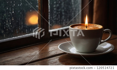 Candle made from a white cup and saucer on a wooden windowsill, rain outside Candle made from a white cup and saucer on a wooden windowsill, rain outside 120514721