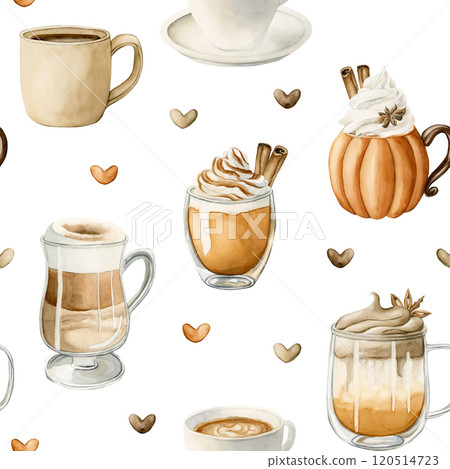 Coffee Latte Macchiato, Pumpkin Spice Dalgona Coffee and other autumn hot beverage. Watercolor food seamless pattern on white background for cozy kitchen textile, delicious fabric, fall wrapping paper 120514723